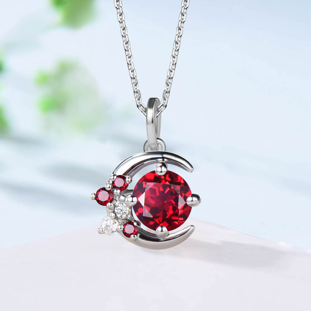 Vintage Crescent moon Ruby pendant necklace cluster moissanite moon pendant necklace 14k/18k rose gold star necklace promise gift for women - PENFINE