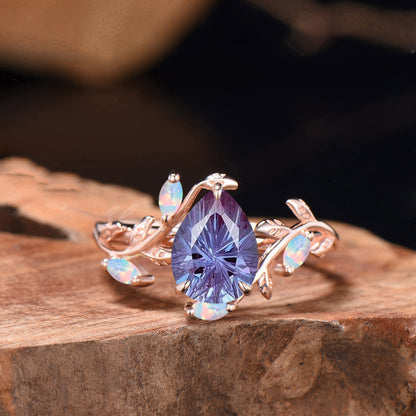 .25CT Pear Shaped Fireworks Cut Alexandrite Engagement Ring , Twig Leaf Ring