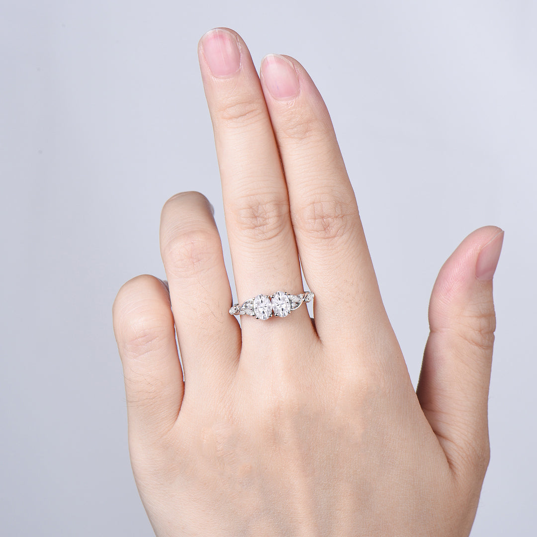Toi et Moi Oval Moissanite Engagement Ring | Two Stone 14K White Gold Vine Anniversary Ring - PENFINE