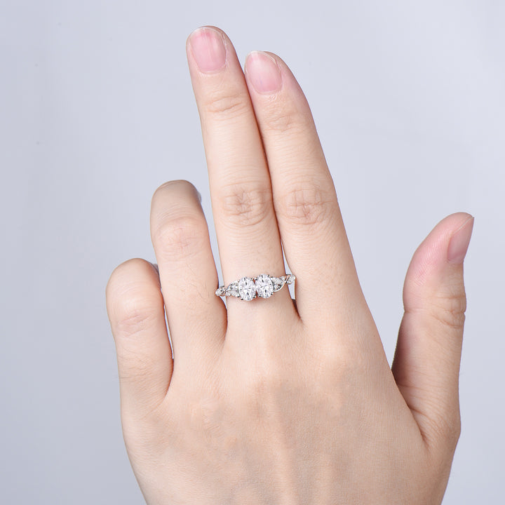 Toi et Moi Oval Moissanite Engagement Ring | Two Stone 14K White Gold Vine Anniversary Ring - PENFINE