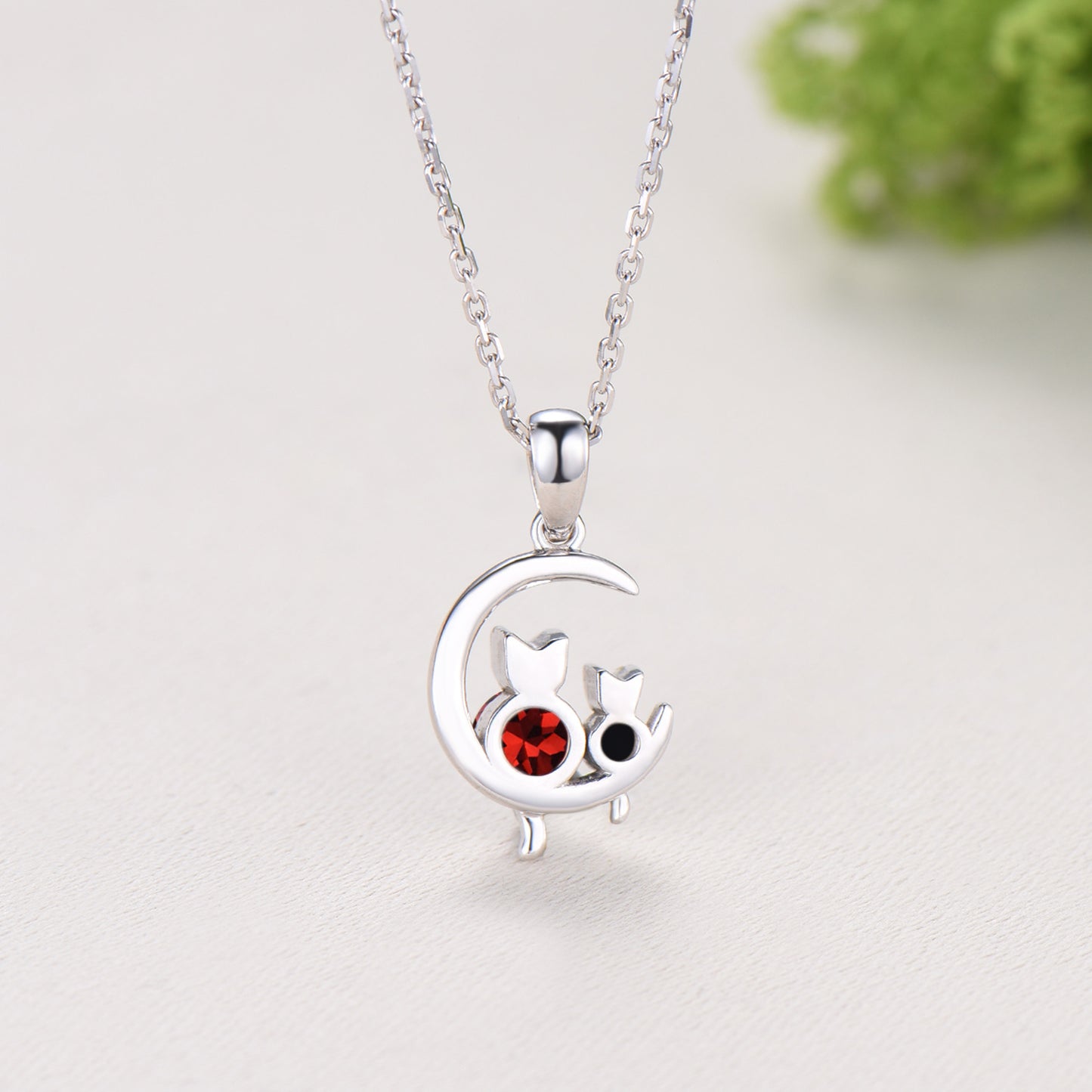 Dainty cat garnet spinel necklace cute silver white gold moon family pendant