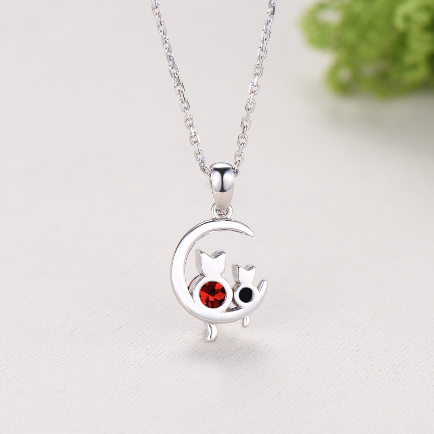 Dainty cat garnet spinel necklace cute silver white gold moon family pendant