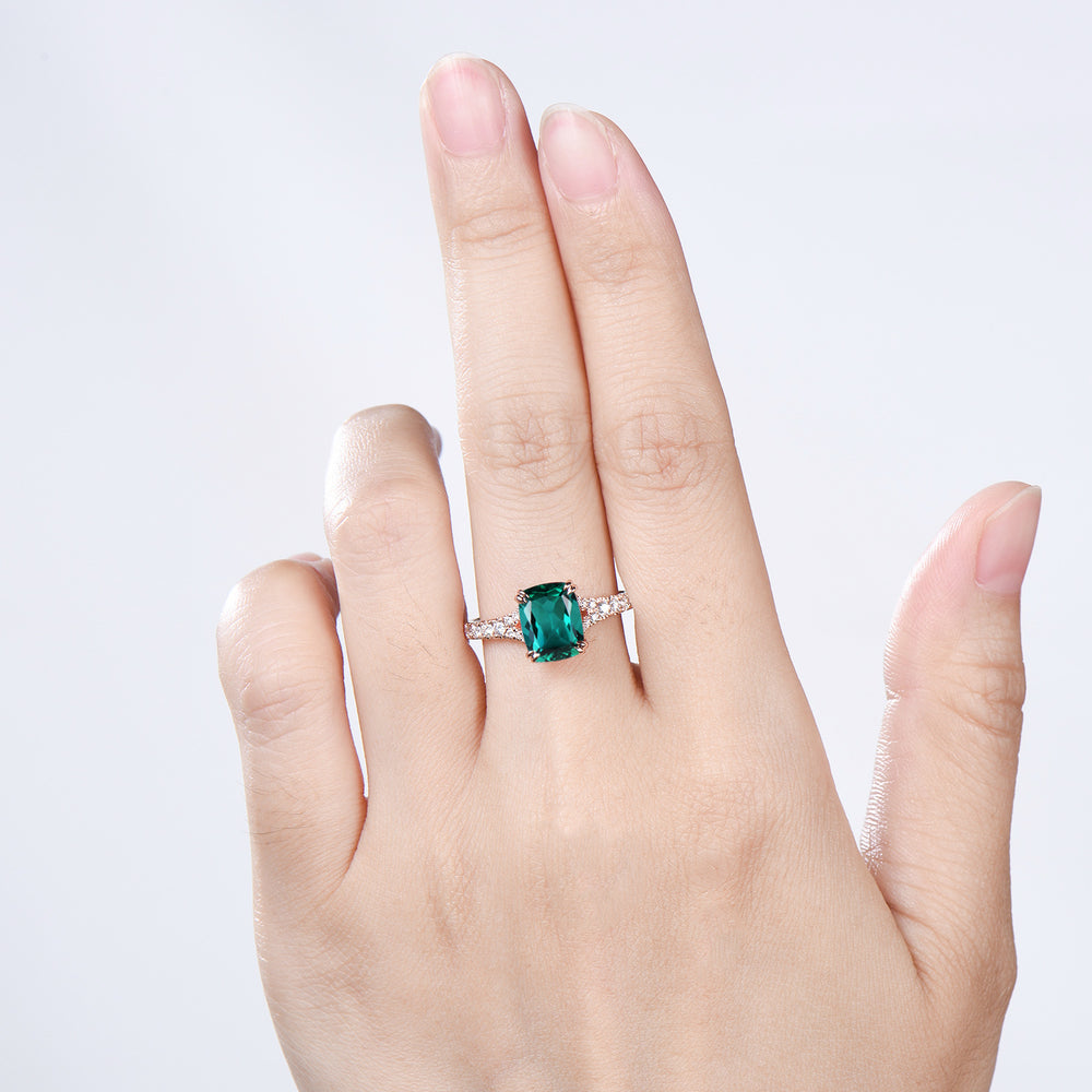 Vintage Cushion Cut Emerald Engagement Ring, Rose Gold Split Shank Pave Diamond Ring - PENFINE