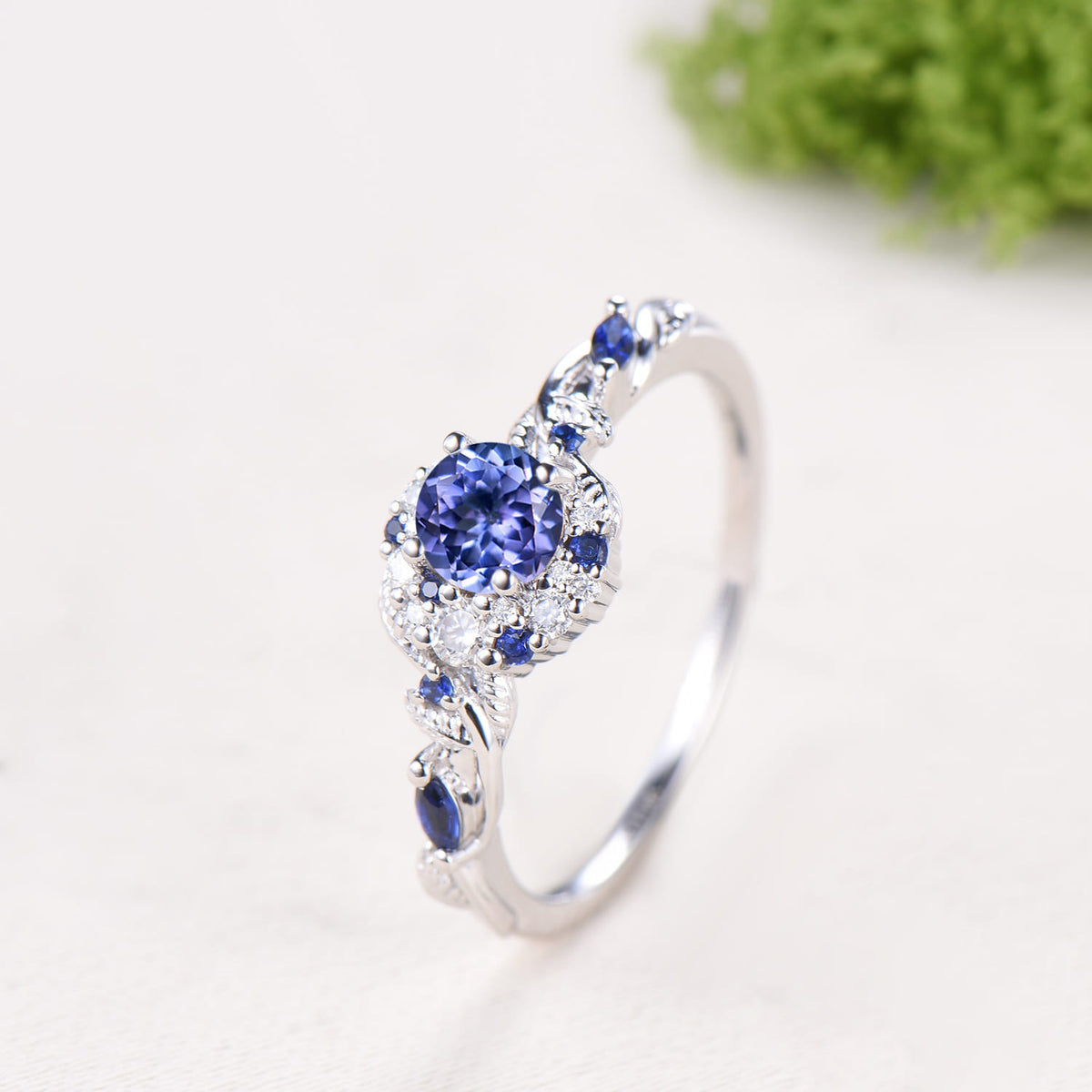 Round Cut Natural Tanzanite Moon Engagement Ring Sapphire Moissanite Halo Ring