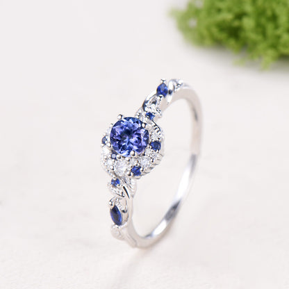Round Cut Natural Tanzanite Moon Engagement Ring Sapphire Moissanite Halo Ring