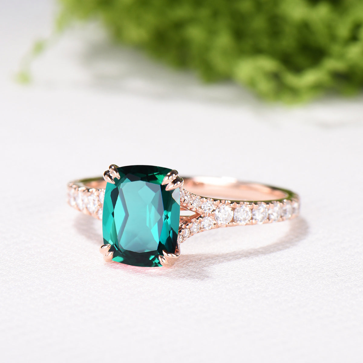 Vintage Cushion Cut Emerald Engagement Ring, Rose Gold Split Shank Pave Diamond Ring - PENFINE