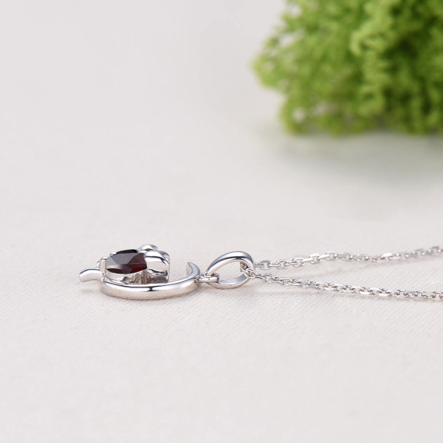 Dainty cat garnet spinel necklace cute silver white gold moon family pendant