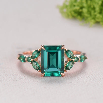 Yellow Gold Emerald Cut Emerald Engagement Ring Art Deco Marquise May Birthstone Wedding Ring Promise Ring Gift for Women