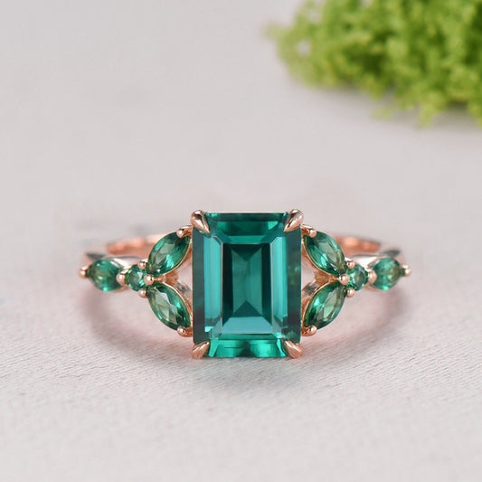 Yellow Gold Emerald Cut Emerald Engagement Ring Art Deco Marquise May Birthstone Wedding Ring Promise Ring Gift for Women