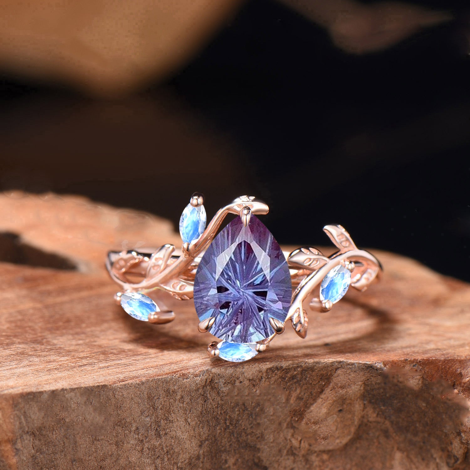 .25CT Pear Shaped Fireworks Cut Alexandrite Engagement Ring , Twig Leaf Ring
