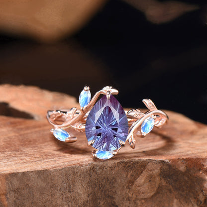 .25CT Pear Shaped Fireworks Cut Alexandrite Engagement Ring , Twig Leaf Ring