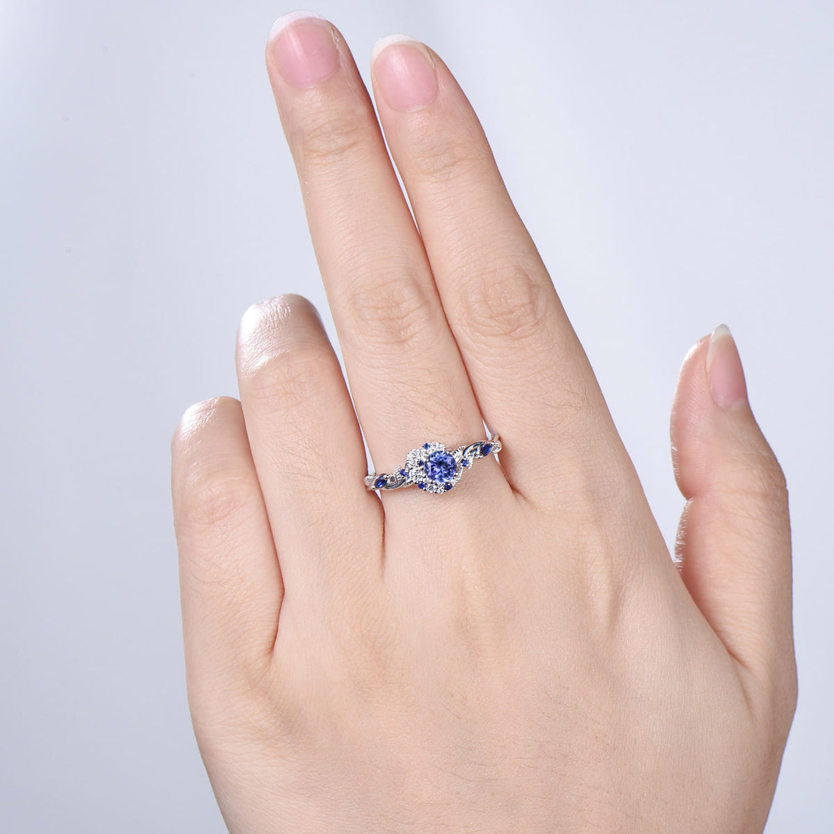 Round Cut Natural Tanzanite Moon Engagement Ring Sapphire Moissanite Halo Ring