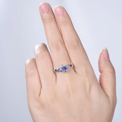 Round Cut Natural Tanzanite Moon Engagement Ring Sapphire Moissanite Halo Ring