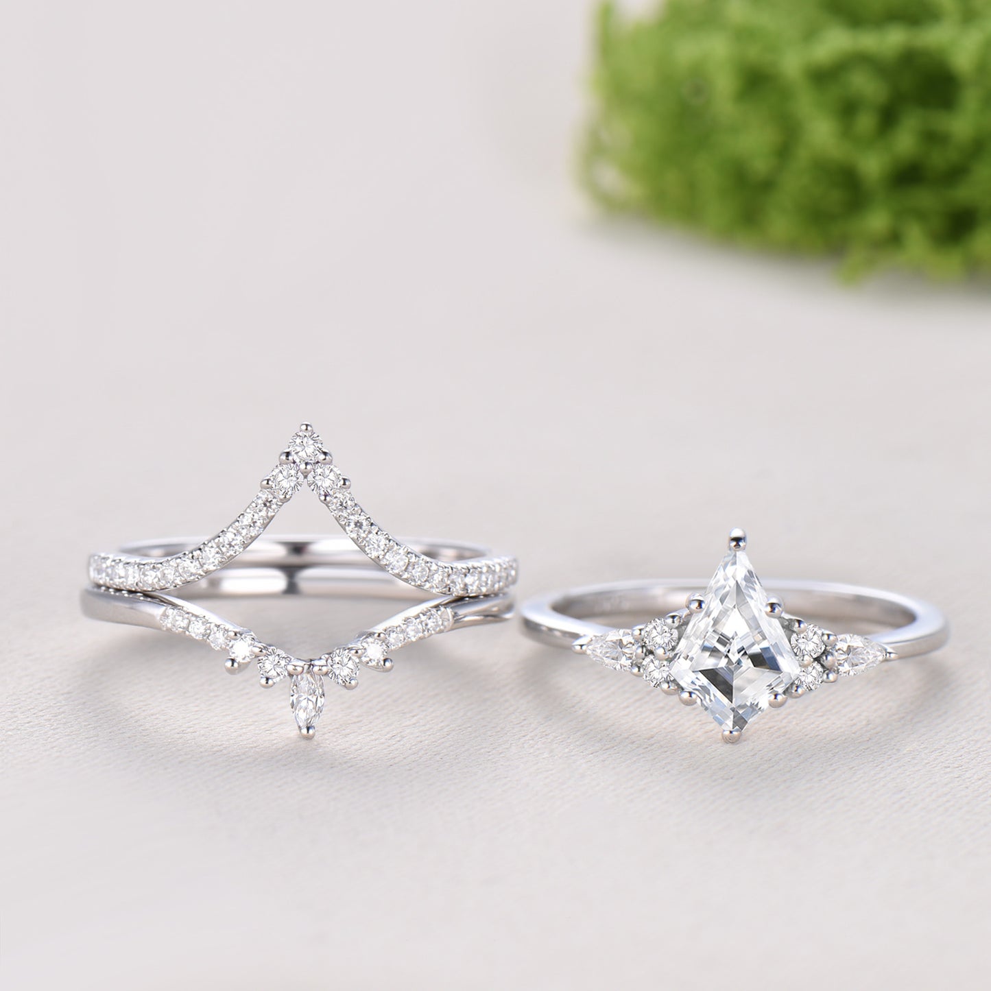 3pcs kite cut moissanite engagement ring set 14k white gold art deco diamond wedding bridal ring set