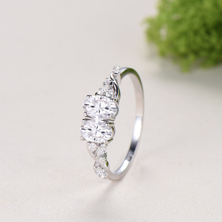Toi et Moi Oval Moissanite Engagement Ring | Two Stone 14K White Gold Vine Anniversary Ring - PENFINE