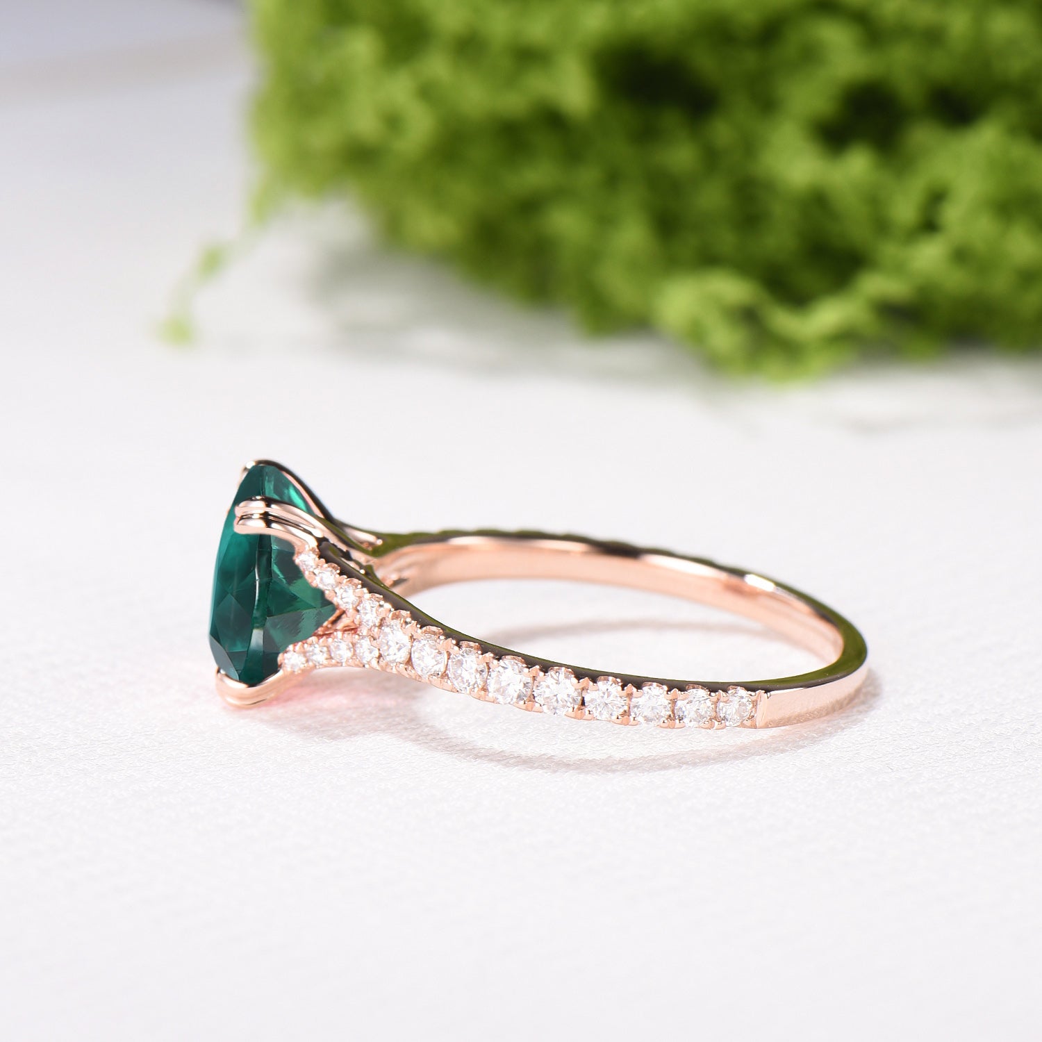 Vintage Cushion Cut Emerald Engagement Ring, Rose Gold Split Shank Pave Diamond Ring - PENFINE
