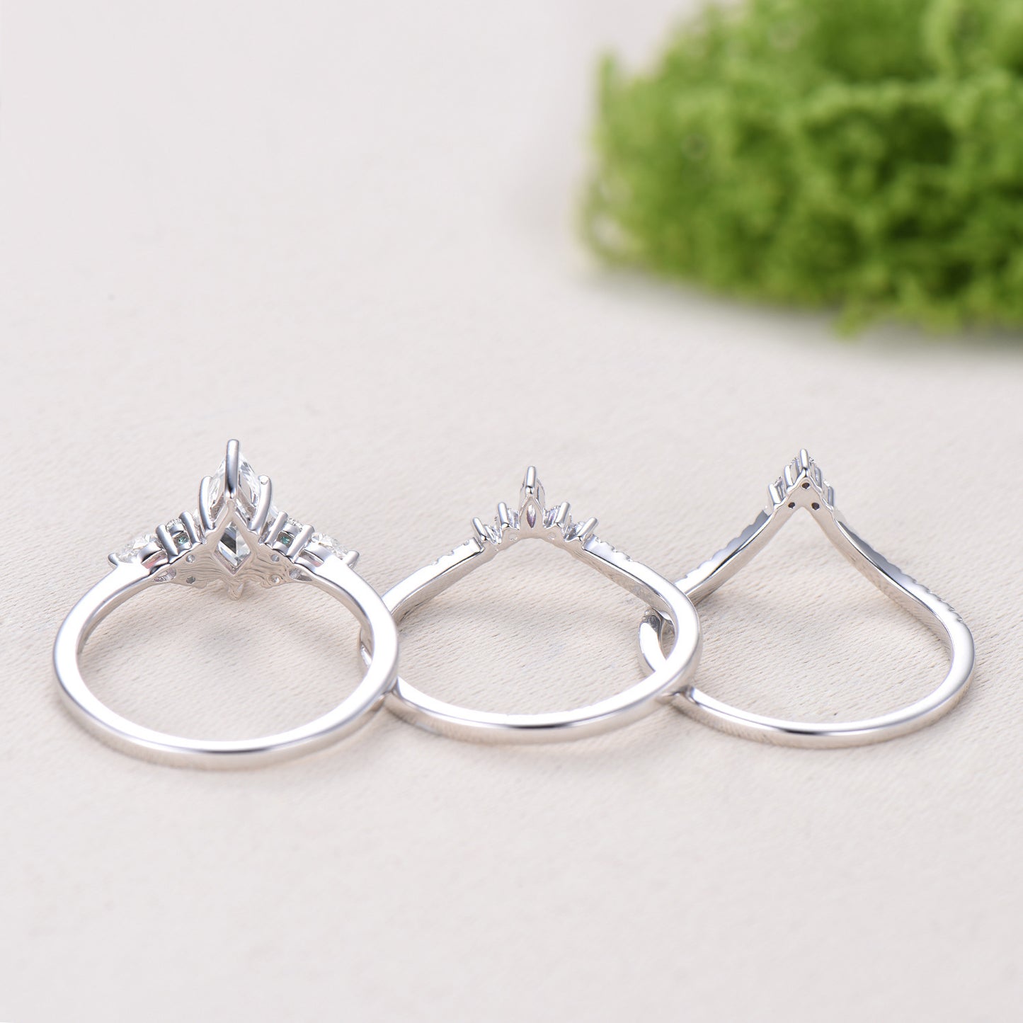 3pcs kite cut moissanite engagement ring set 14k white gold art deco diamond wedding bridal ring set
