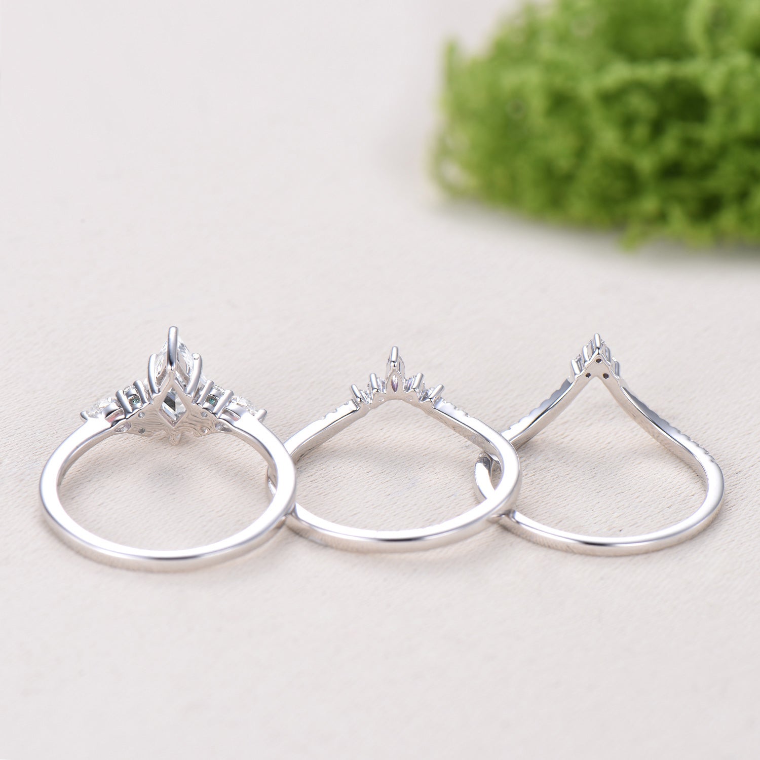 3pcs kite cut moissanite engagement ring set 14k white gold art deco diamond wedding bridal ring set