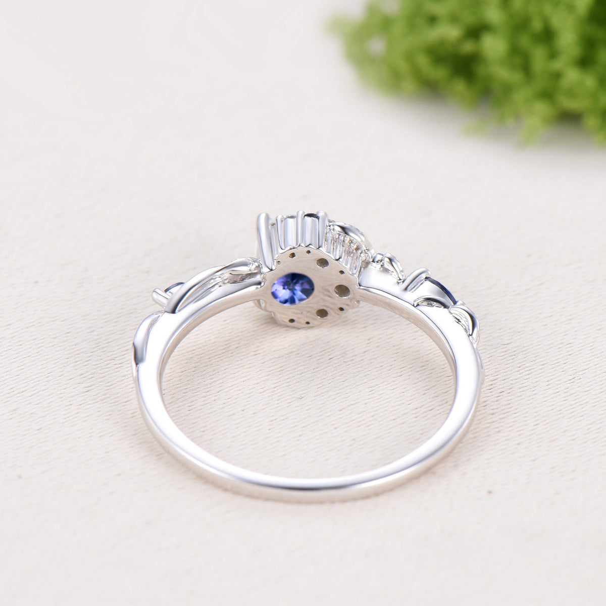 Round Cut Natural Tanzanite Moon Engagement Ring Sapphire Moissanite Halo Ring