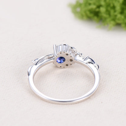 Round Cut Natural Tanzanite Moon Engagement Ring Sapphire Moissanite Halo Ring