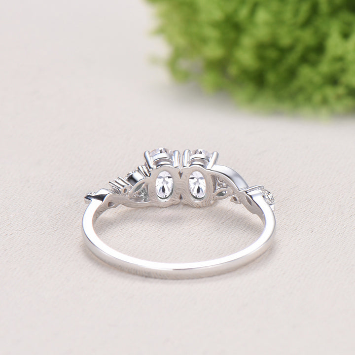 Toi et Moi Oval Moissanite Engagement Ring | Two Stone 14K White Gold Vine Anniversary Ring - PENFINE