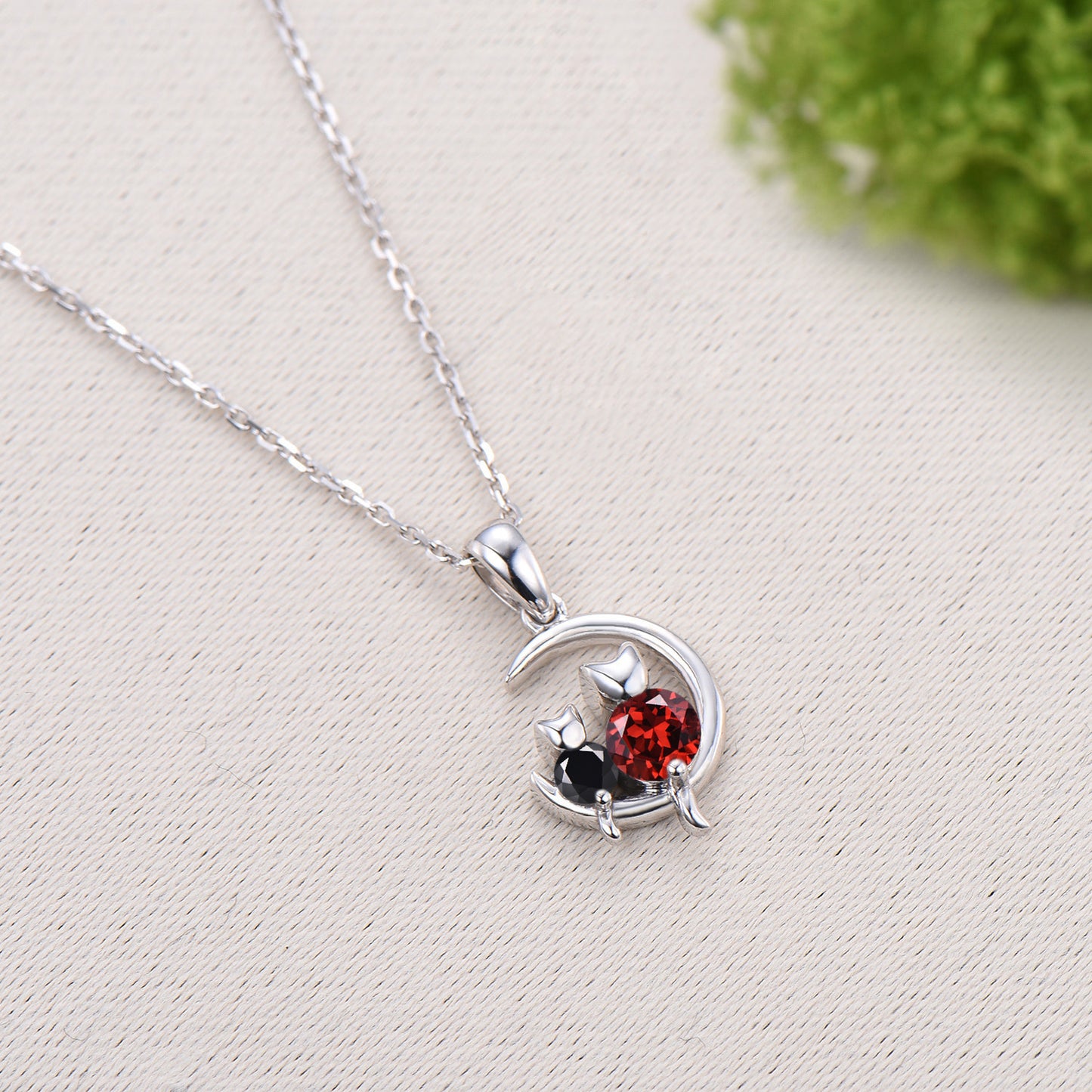 Dainty cat garnet spinel necklace cute silver white gold moon family pendant