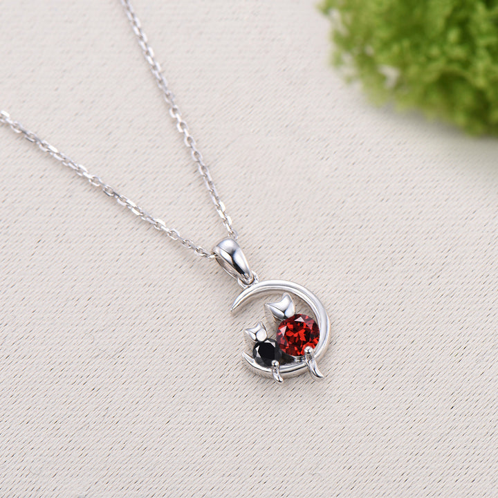 Dainty cat garnet spinel necklace cute silver white gold moon family pendant