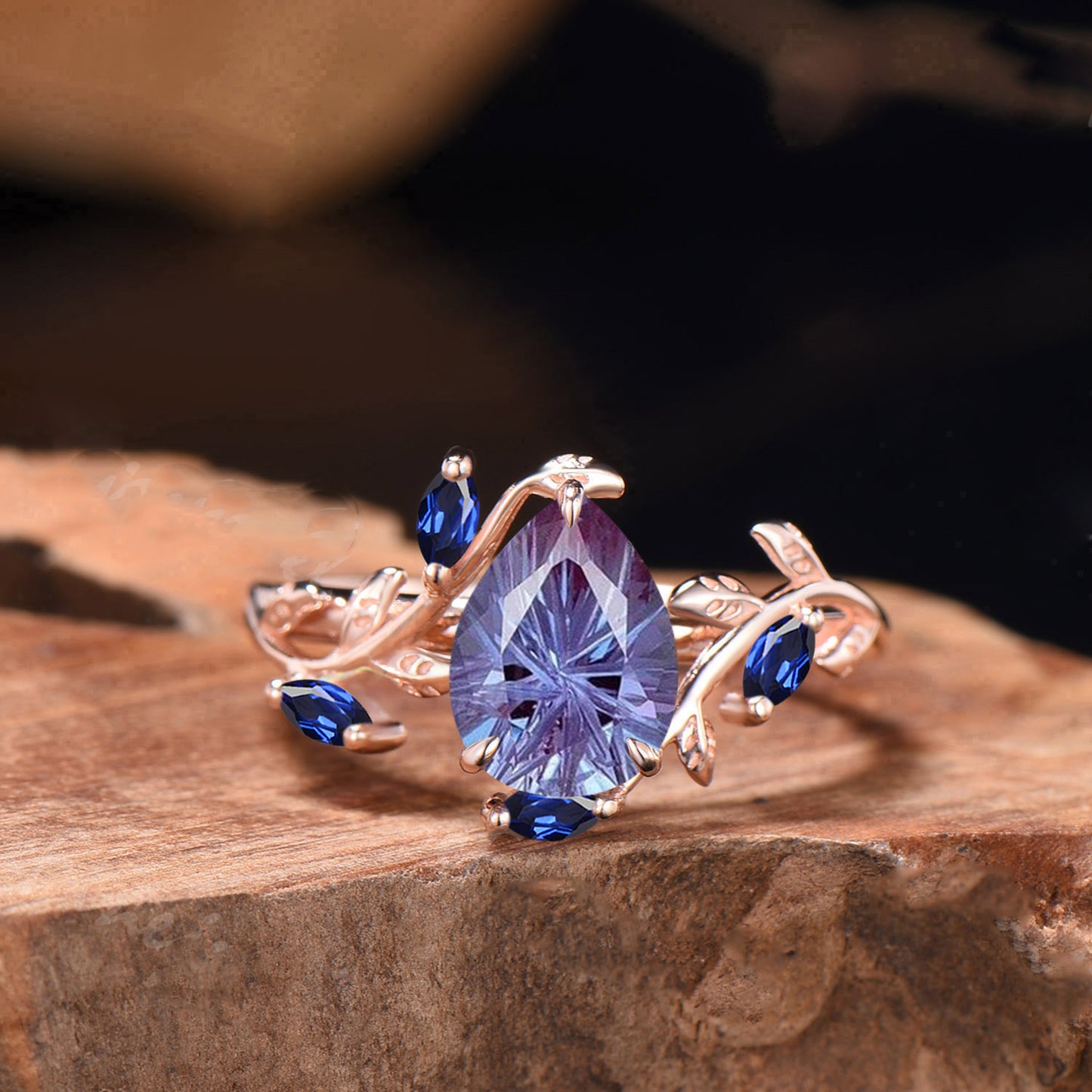 .25CT Pear Shaped Fireworks Cut Alexandrite Engagement Ring , Twig Leaf Ring