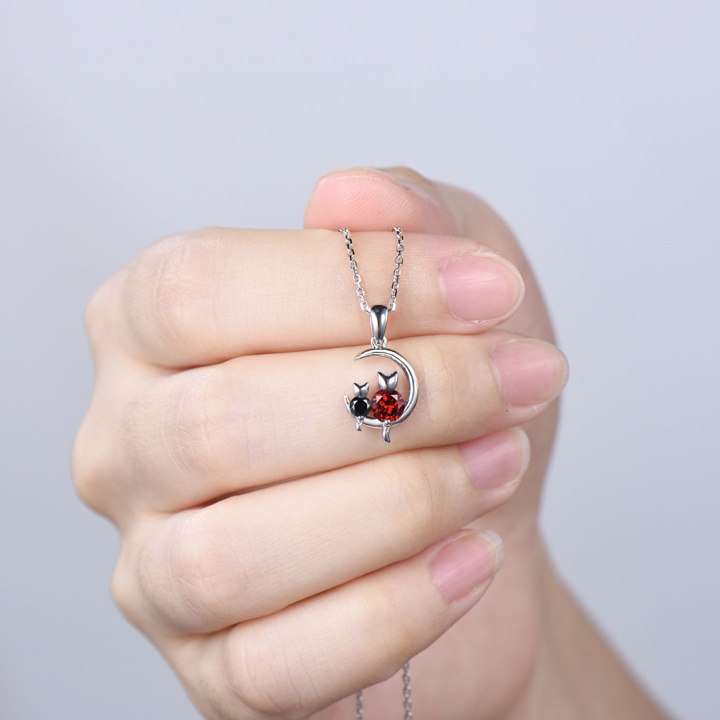 Dainty cat garnet spinel necklace cute silver white gold moon family pendant