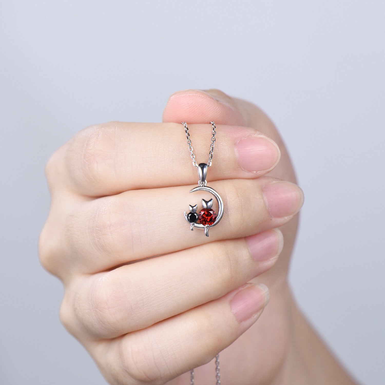 Dainty cat garnet spinel necklace cute silver white gold moon family pendant