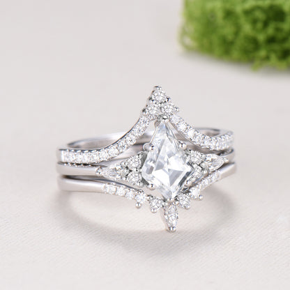3pcs kite cut moissanite engagement ring set 14k white gold art deco diamond wedding bridal ring set