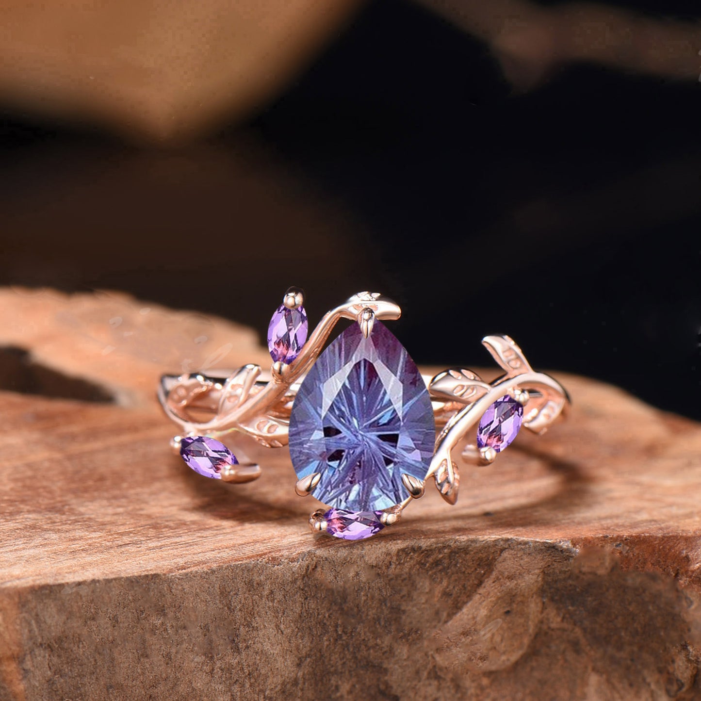 .25CT Pear Shaped Fireworks Cut Alexandrite Engagement Ring , Twig Leaf Ring