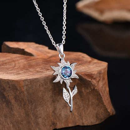 Elegant Alexandrite Sunflower Necklace, Color Change Leaf Vine Branch Pendant