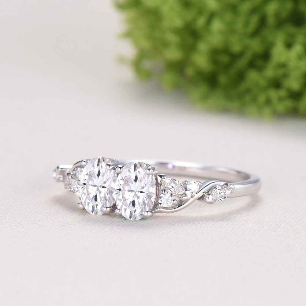 Toi et Moi Oval Moissanite Engagement Ring | Two Stone 14K White Gold Vine Anniversary Ring - PENFINE