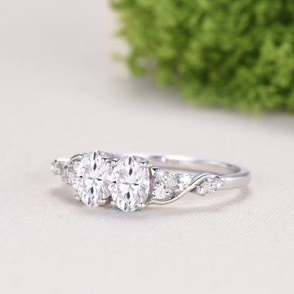 Toi et Moi Oval Moissanite Engagement Ring | Two Stone 14K White Gold Vine Anniversary Ring - PENFINE