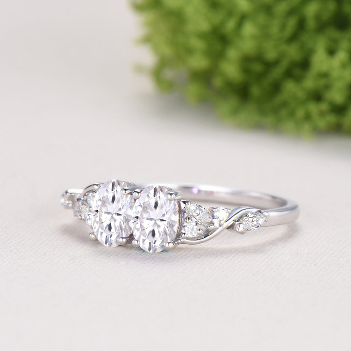 Toi et Moi Oval Moissanite Engagement Ring | Two Stone 14K White Gold Vine Anniversary Ring - PENFINE