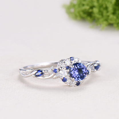 Round Cut Natural Tanzanite Moon Engagement Ring Sapphire Moissanite Halo Ring