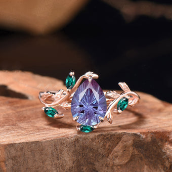 .25CT Pear Shaped Fireworks Cut Alexandrite Engagement Ring , Twig Leaf Ring