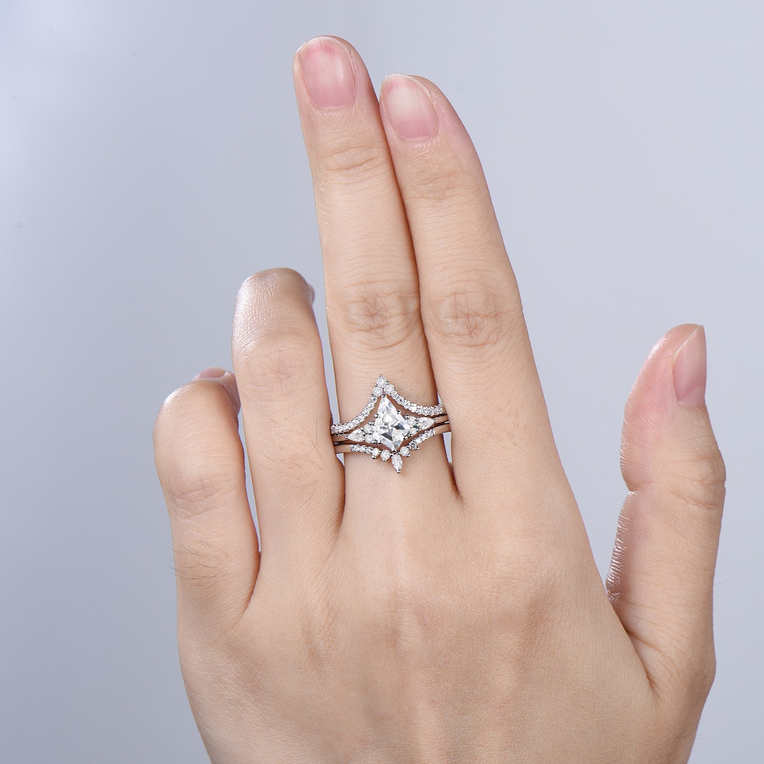 3pcs kite cut moissanite engagement ring set 14k white gold art deco diamond wedding bridal ring set