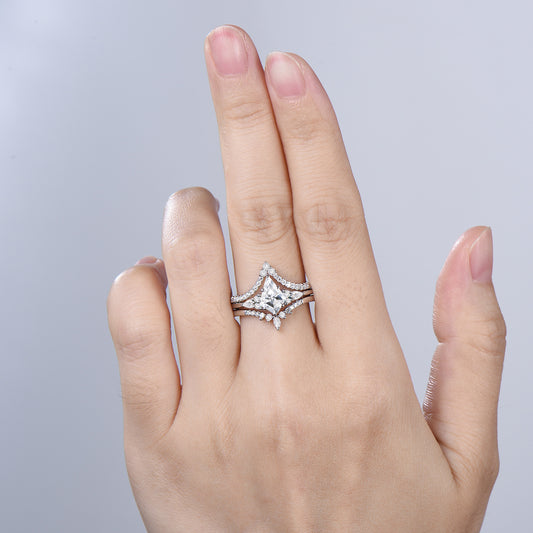 3pcs kite cut moissanite engagement ring set 14k white gold art deco diamond wedding bridal ring set