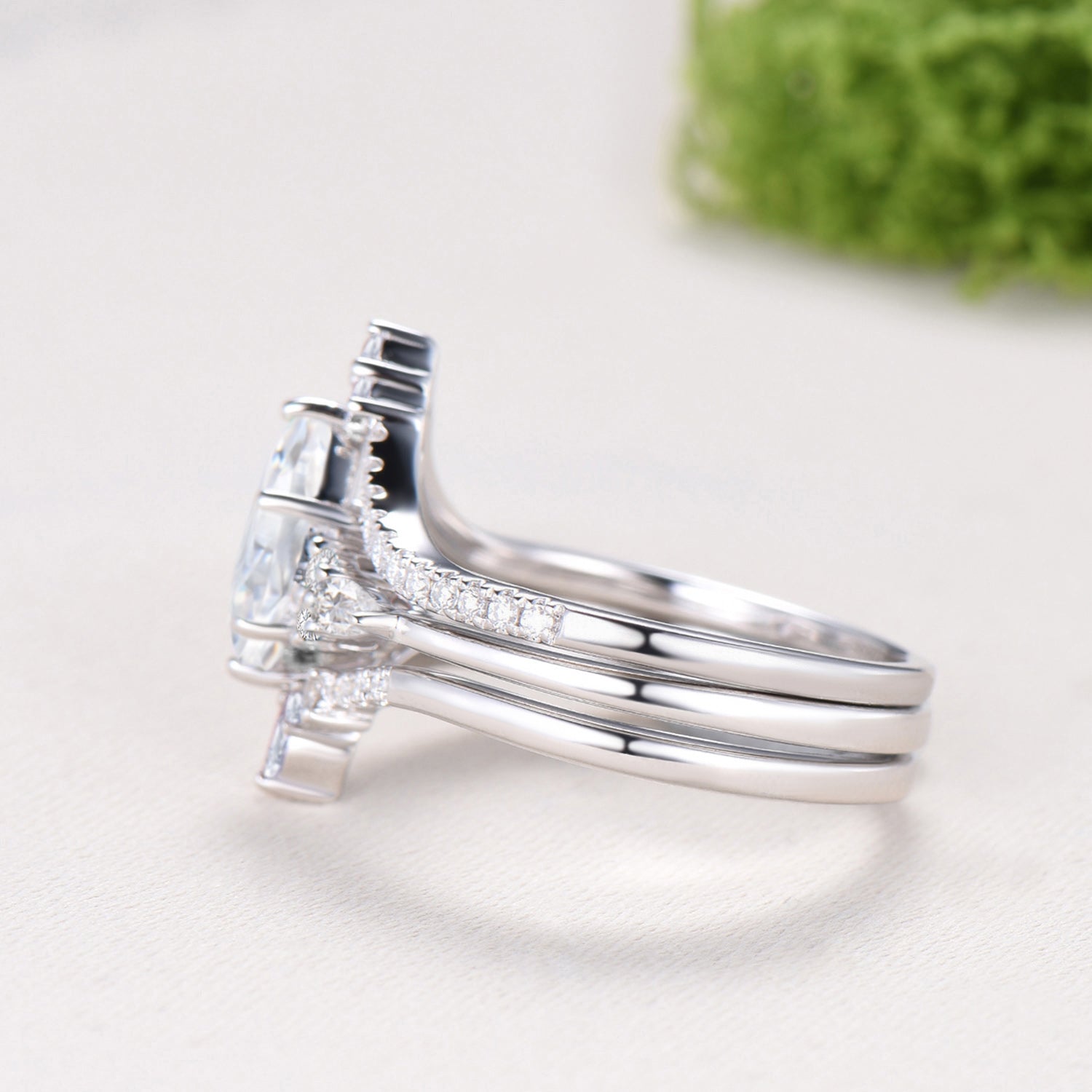 3pcs kite cut moissanite engagement ring set 14k white gold art deco diamond wedding bridal ring set
