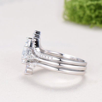 3pcs kite cut moissanite engagement ring set 14k white gold art deco diamond wedding bridal ring set