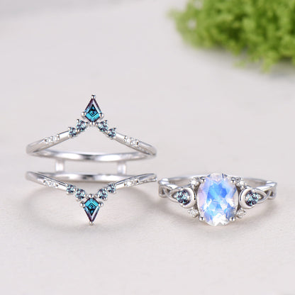 1.5CT Natural Oval Moonstone Engagement Ring Set Celtic Love Alexandrite Wedding Ring Set Unique Enhancer Band Anniversary Gift for Women
