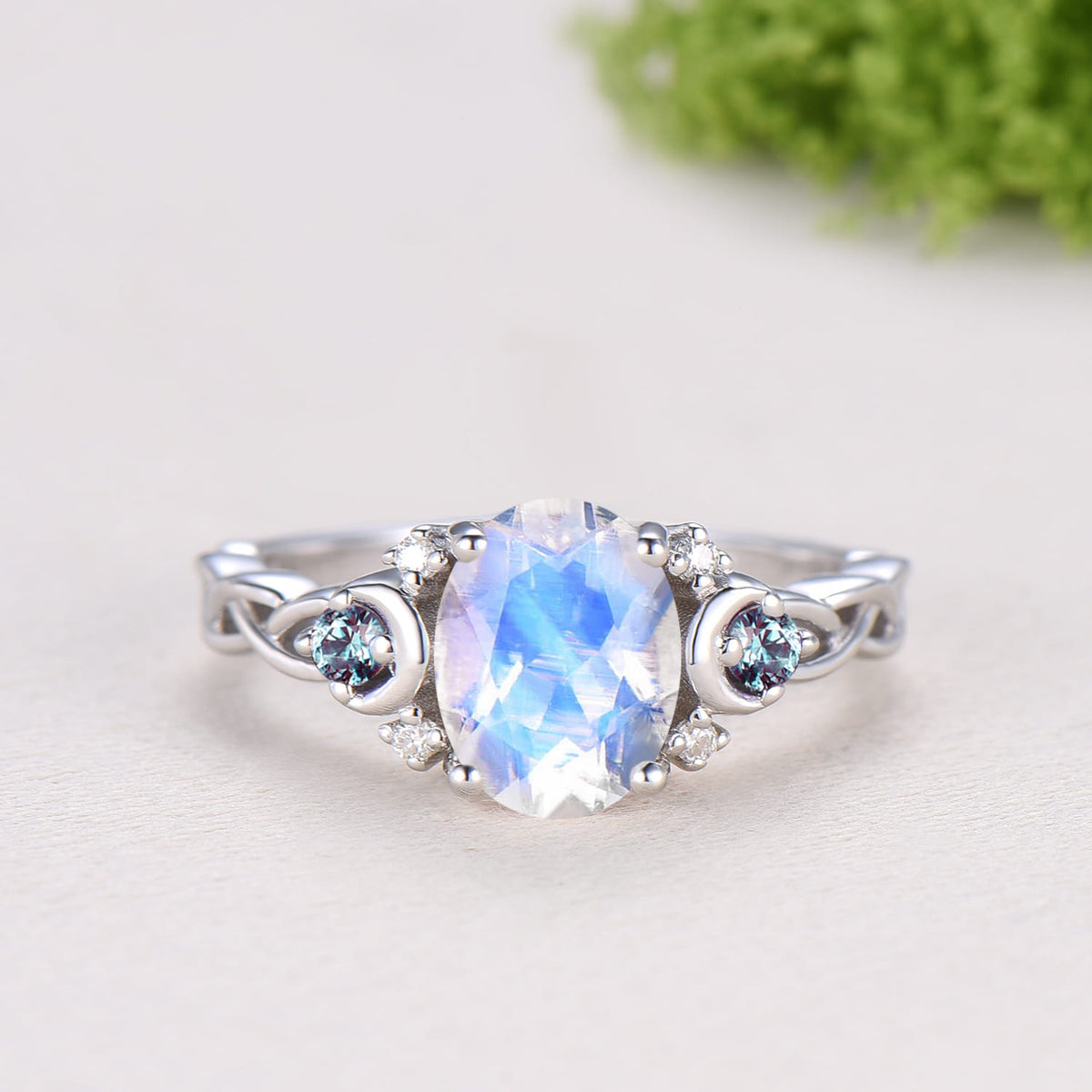 1.5CT Natural Oval Moonstone Engagement Ring Set Celtic Love Alexandrite Wedding Ring Set Unique Enhancer Band Anniversary Gift for Women