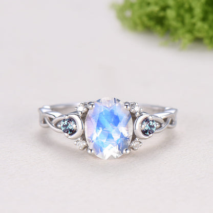 1.5CT Natural Oval Moonstone Engagement Ring Set Celtic Love Alexandrite Wedding Ring Set Unique Enhancer Band Anniversary Gift for Women