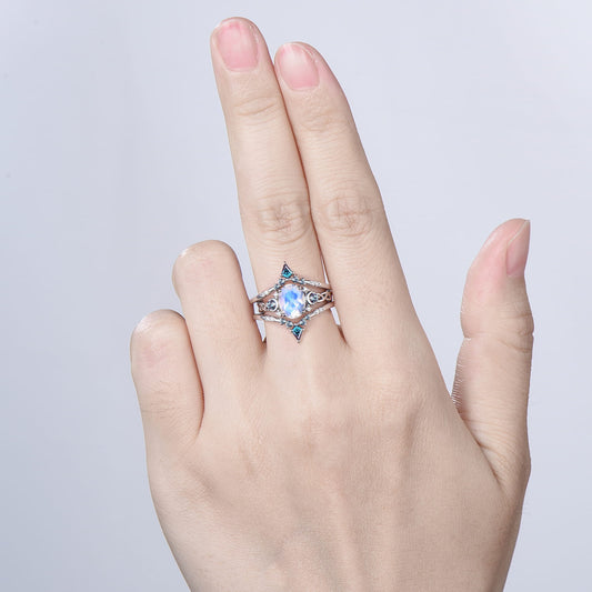 1.5CT Natural Oval Moonstone Engagement Ring Set Celtic Love Alexandrite Wedding Ring Set Unique Enhancer Band Anniversary Gift for Women