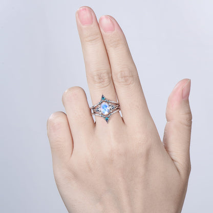 1.5CT Natural Oval Moonstone Engagement Ring Set Celtic Love Alexandrite Wedding Ring Set Unique Enhancer Band Anniversary Gift for Women