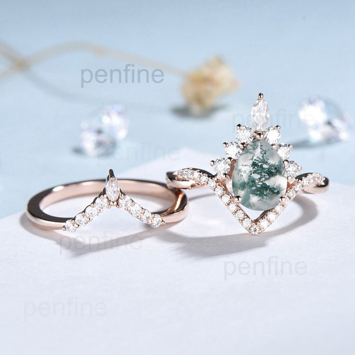 Vintage pear shaped moss agate engagement ring set art deco 14k rose gold twisted infinity moissanite ring for women wedding bridal ring set - PENFINE