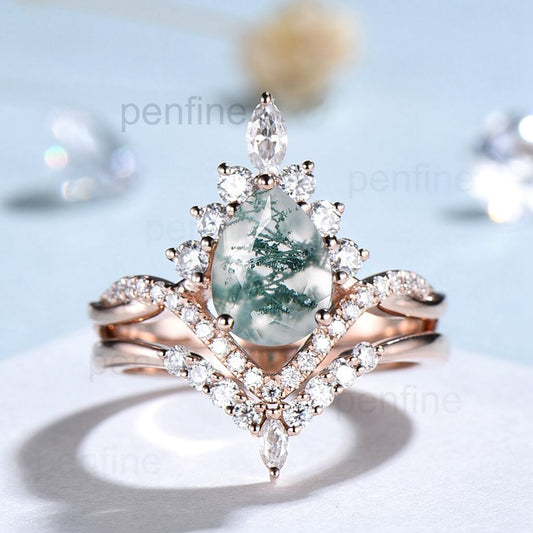 Vintage pear shaped moss agate engagement ring set art deco 14k rose gold twisted infinity moissanite ring for women wedding bridal ring set - PENFINE