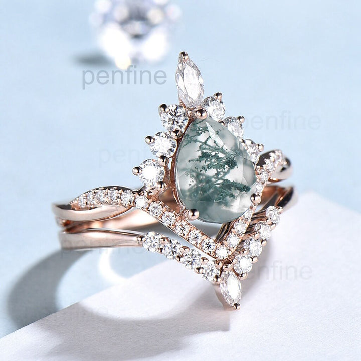 Vintage pear shaped moss agate engagement ring set art deco 14k rose gold twisted infinity moissanite ring for women wedding bridal ring set - PENFINE